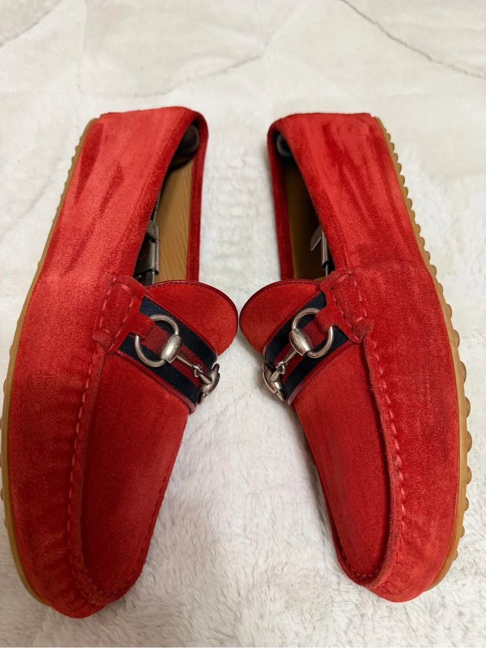 $850 Gucci Red Suede Leather Horse-Bit Link Loafers Driving Moccasins 7.5 8.5